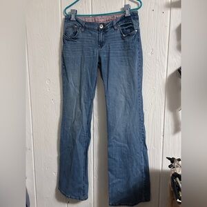 LEI Y2K Blue Boot Cut Jeans with Pink Embroidered Pockets and Waistband